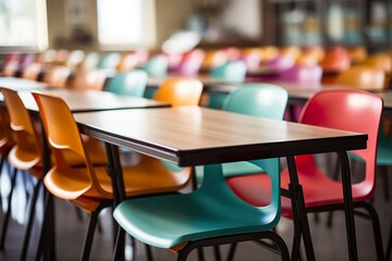 single, Isolated in white background, center aligned, School classroom in blur background without young student; Blurry view of elementary class room no kid or teacher with chairs and tables in campus - obrazy, fototapety, plakaty