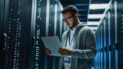 focused man in a hoodie and glasses using a laptop in a server room