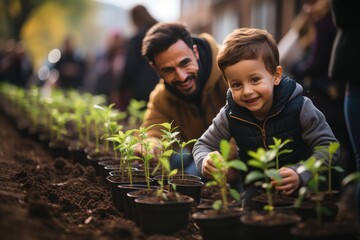 Young Muslims plant community trees, vibrating colors and connection., generative IA