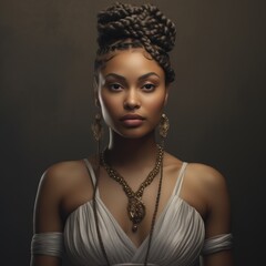  african american woman with long braids and multiple necklaces poses