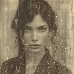 degraded low quality sepia portrait of a poor beautiful woman from the XIX century | grainy, noise