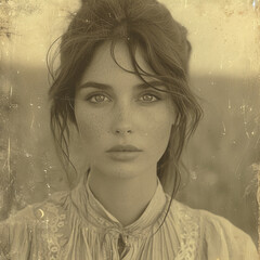 degraded low quality sepia portrait of a poor beautiful woman from the XIX century | grainy