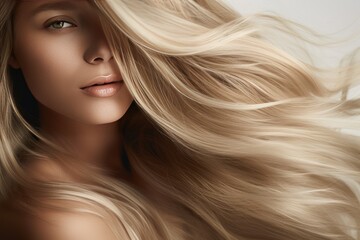 Close-up of a beautiful woman with luxurious, flowing blond hair, highlighting texture and shine, beauty and hair care concept.
