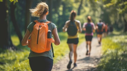 Fototapeta premium some people doing fitness in sport clothes, running backpack on the back on the park on summer day,