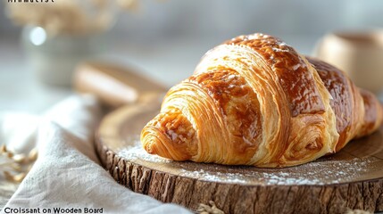 Fresh lush croissant on wooden board. Close-up. Traditional French pastries. Healthy breakfast concept.