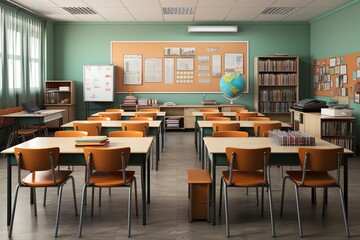 single, Isolated in white background, center aligned, School classroom in blur background without young student; Blurry view of elementary class room no kid or teacher with chairs and tables in campus