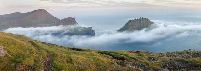 Beautiful summer scenery. Sunny summer view of fjord near Saksun , Faroe Islands. Splendid morning...