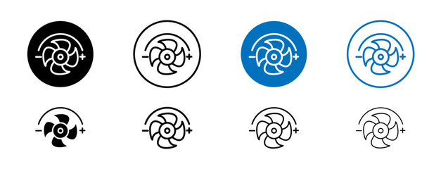 Adjustable Speed line icon set. Digital Fan speed Adjustment symbol in black and blue color.