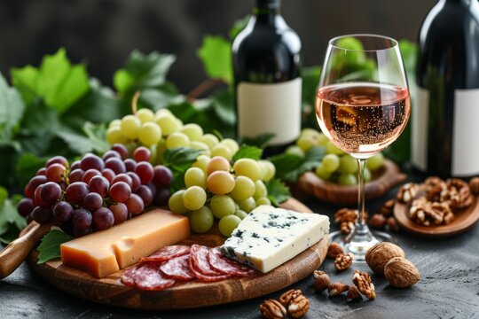 Cheese and fruit platter and rose wine on a table. Red and white grape, figs, assorted organic cheese, salami and walnuts on wooden board. Delicious starter for romantic dinner.
