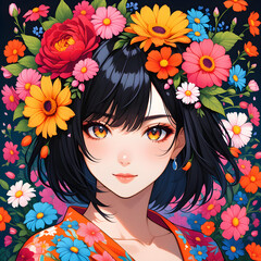 A gorgeous portrait of a young woman surrounded by beautiful flowers, ai generated