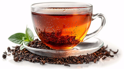 Glass cup of hot aromatic tea on white background
