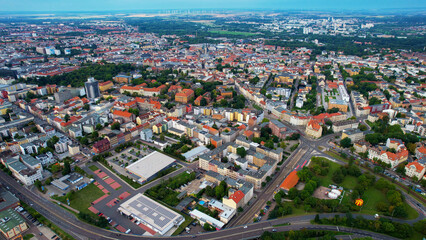 Aeriel of the old town of the city Halle in Germany on a sunny summer day