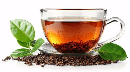 Glass cup of hot aromatic tea on white background
