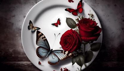 A white plate with red roses and a butterfly on it
