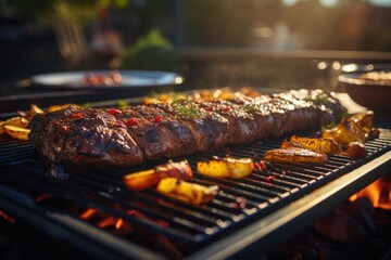 Successional picanha on the grill, in a barbecue by the pool with night lighting and a lively dance floor under the stars and a bright moon., generati