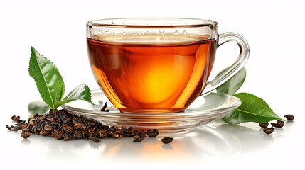Glass cup of hot aromatic tea on white background
