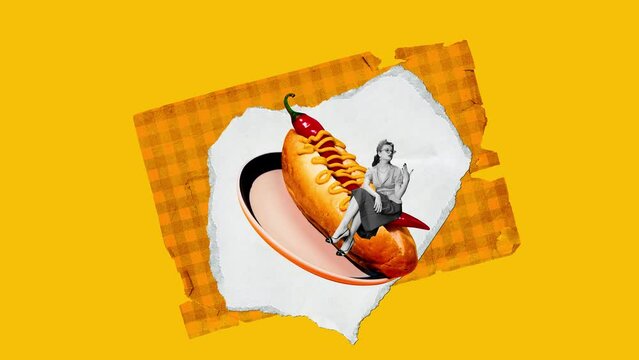 Elegant young woman sitting on spicy hot dog with red chili pepper against yellow background. Stop motion, animation. Concept of food, creativity, imagination, surrealism, pop art style.