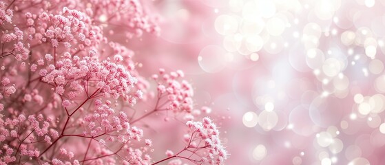 Pink elegant baby breathe blooming flowers, gypsophila with blurred background for elegant, romantic floral cards. Celebrate season, wedding, spring, love. Elegant, luxury, card, banner, web. - obrazy, fototapety, plakaty