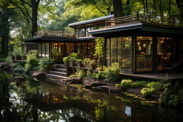 Eco-sustainable house with solar panels and rainwater., generative IA