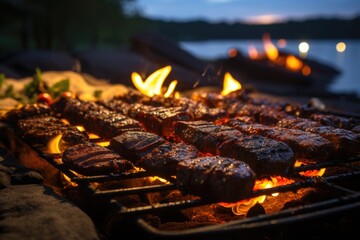 Picanha juicy on the grill, in a barbecue by the lake with fire and friends having fun., generative IA - obrazy, fototapety, plakaty