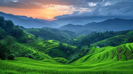 Tuinposter Green rice terrace field at Pa Pong Piang village in Chiang Mai, Thailand © Junaid