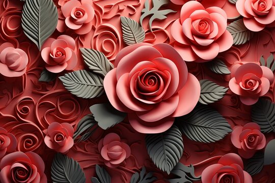 Decorative rose flower leaves bouquet and botanical floral arrangement seamless pattern background 3d render
