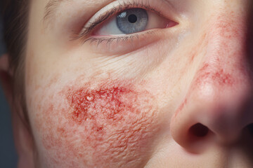 Woman with red and reddish facial rash with skin damage caused by allergy closeup. Lupus patient face needed treatment - obrazy, fototapety, plakaty