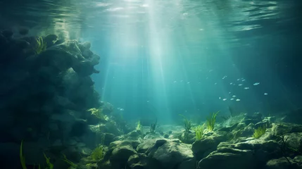 Foto op Aluminium Underwater landscape with schooling fish and beautiful sunlight © IgitPro