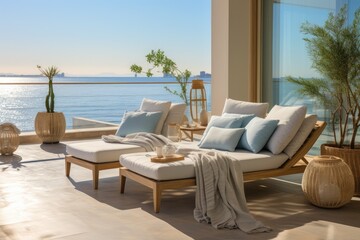 Apartment by the sea with serene porch and spectacular view., generative IA