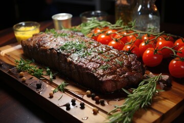 Upper steak view with salted herbs and cherry tomatoes served on board, generative IA