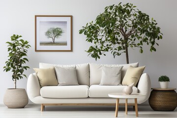 single, Isolated in white background, center aligned, Stylish living room with beautiful plants. stylish interior design
