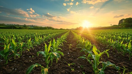 Watering of wheat, rye or corn green seedlings in a vast field. Modern automated agriculture system with irrigation sprinklers spraying water over lush crops on beautiful sky background. - obrazy, fototapety, plakaty
