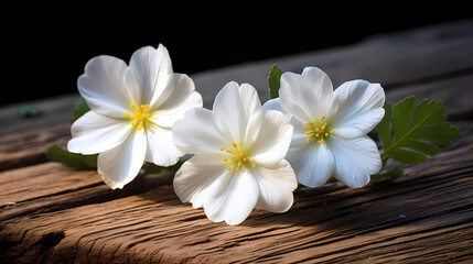 Fototapeta na wymiar Three white flowers sitting on top of a wooden floor