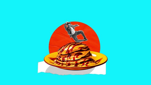 Businessman in a suit jumping on plater with delicious sweet pancakes with jam against colorful background. Stop motion, animation. Concept of food, creativity, imagination, surrealism, pop art