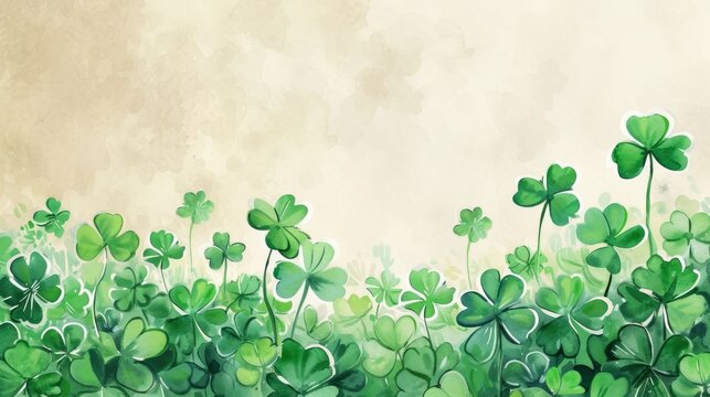 Watercolor green clovers on a white background with copy space for your text. Celebration of Saint Patrick's dat on march in Ireland, traditional spring holiday of luck and fortune	