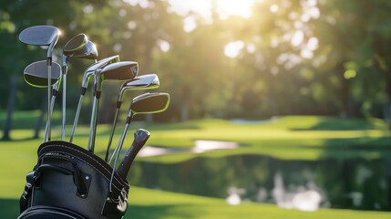 Golf bag and clubs in front of a blurred golf course background - obrazy, fototapety, plakaty