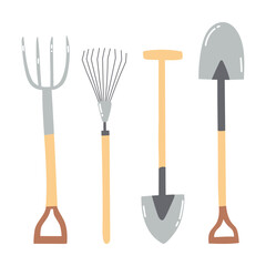 Hand drawn garden tools. Set of agricultural equipment.