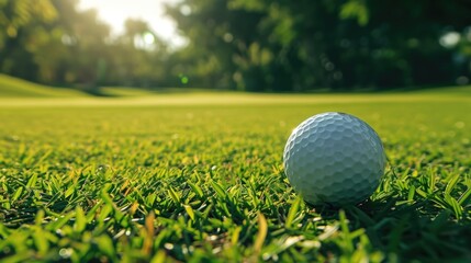 Golf ball on green grass ready to be struck on golf course