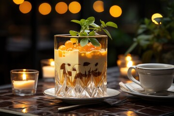 Delicious passion fruit pudding at a garden table covered by a vine truss., generative IA