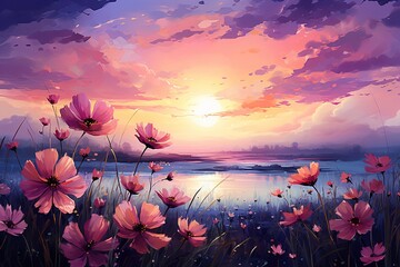 Beautiful cosmos meadow flowers field with sky background, Colorful wild flower or summer nature spring flower art - obrazy, fototapety, plakaty