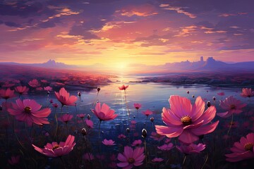 Beautiful cosmos meadow flowers field with sky background, Colorful wild flower or summer nature spring flower art