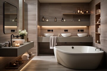 Fototapeta na wymiar Minimalist bathroom neutral tones, modern lines and serenity., generative IA