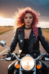 Fototapeta na wymiar A beautiful woman with pink hair sits on a motorcycle on a rural road.