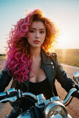 Fototapeta na wymiar A woman with pink hair sits on a motorcycle.