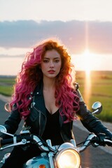 Fototapeta na wymiar A woman with pink hair sits on a black motorcycle.