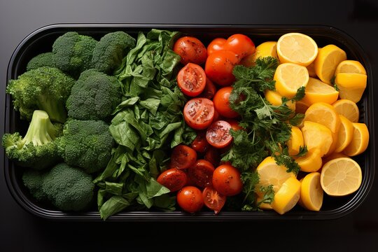 Single, Isolated In White Background, Center Aligned, Vegetables In Plastic Tray On Gray Desk Background Top View Mock --ar 3:2 --stylize 750 --v 5.2 Job ID: 0febff59-6502-4523-8eb0-93fe7ec600ff