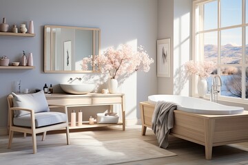 Scandinavian bathroom light colors, wood and minimalism in perfect harmony., generative IA