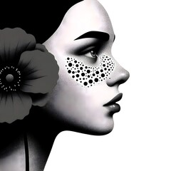 A black poppy dotted, a black captivating young woman face dotted.
