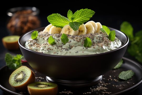 Delicious and healthy chia pudding with banana seeds, kiwi and chia., generative IA
