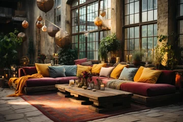 Fotobehang Boho Loft Boho ethnic rugs, vibrant pillows, ethnic touches - an explosion of color and culture., generative IA